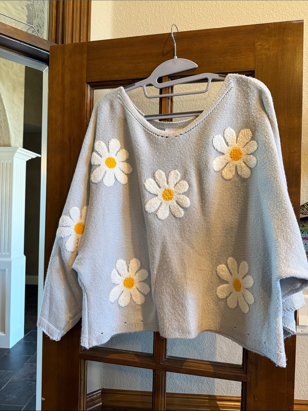 BiBi Light Gray Daisy Knit Pullover with Yellow Centers
